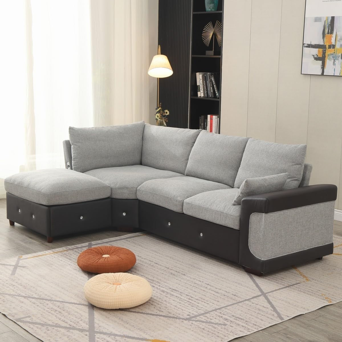 L-Shape 4 Seater Corner Sofa with USB Port Chaise – Linen & Faux Leather