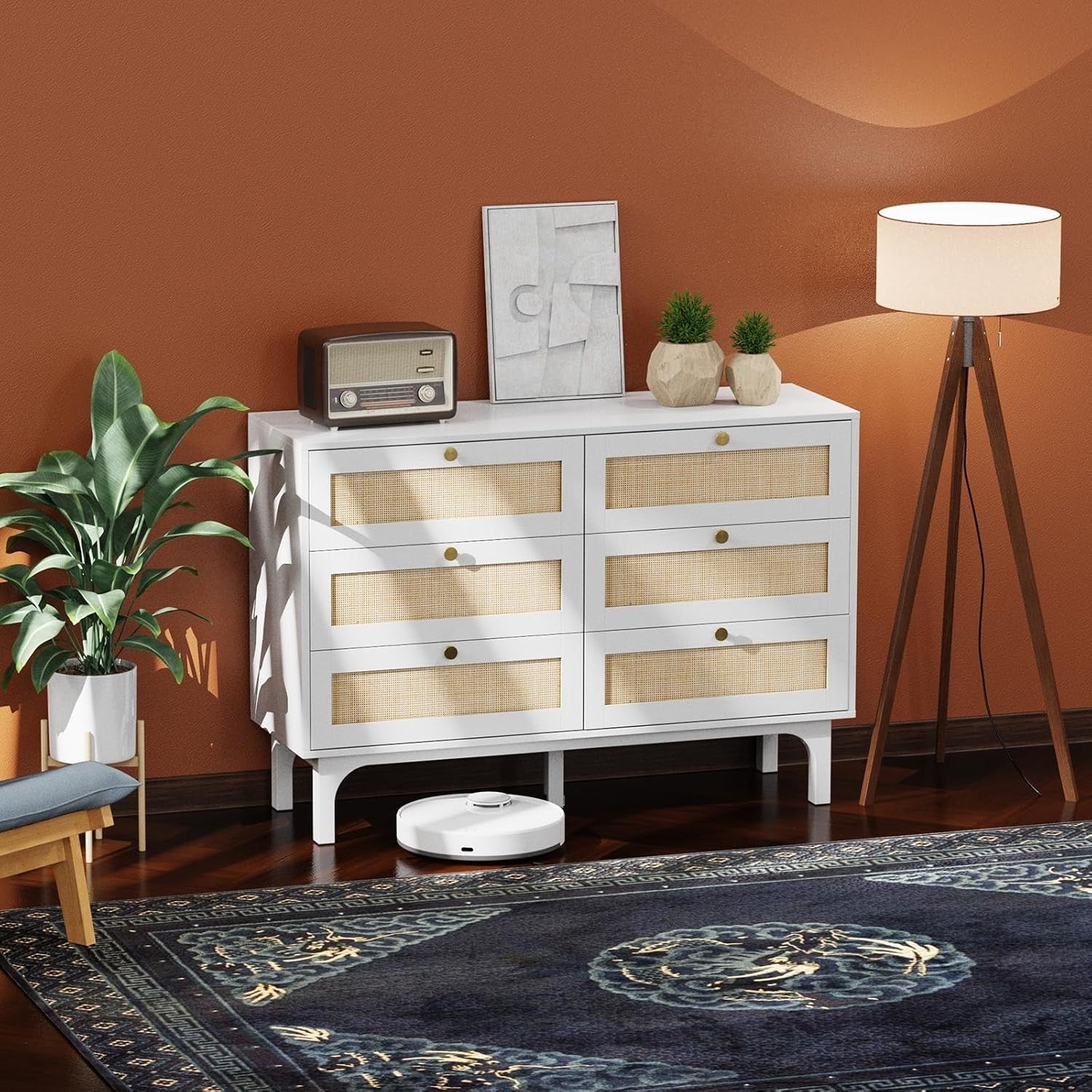 White 6 Drawer Rattan Chest – Sturdy Storage Cabinet for Bedroom & Living Room