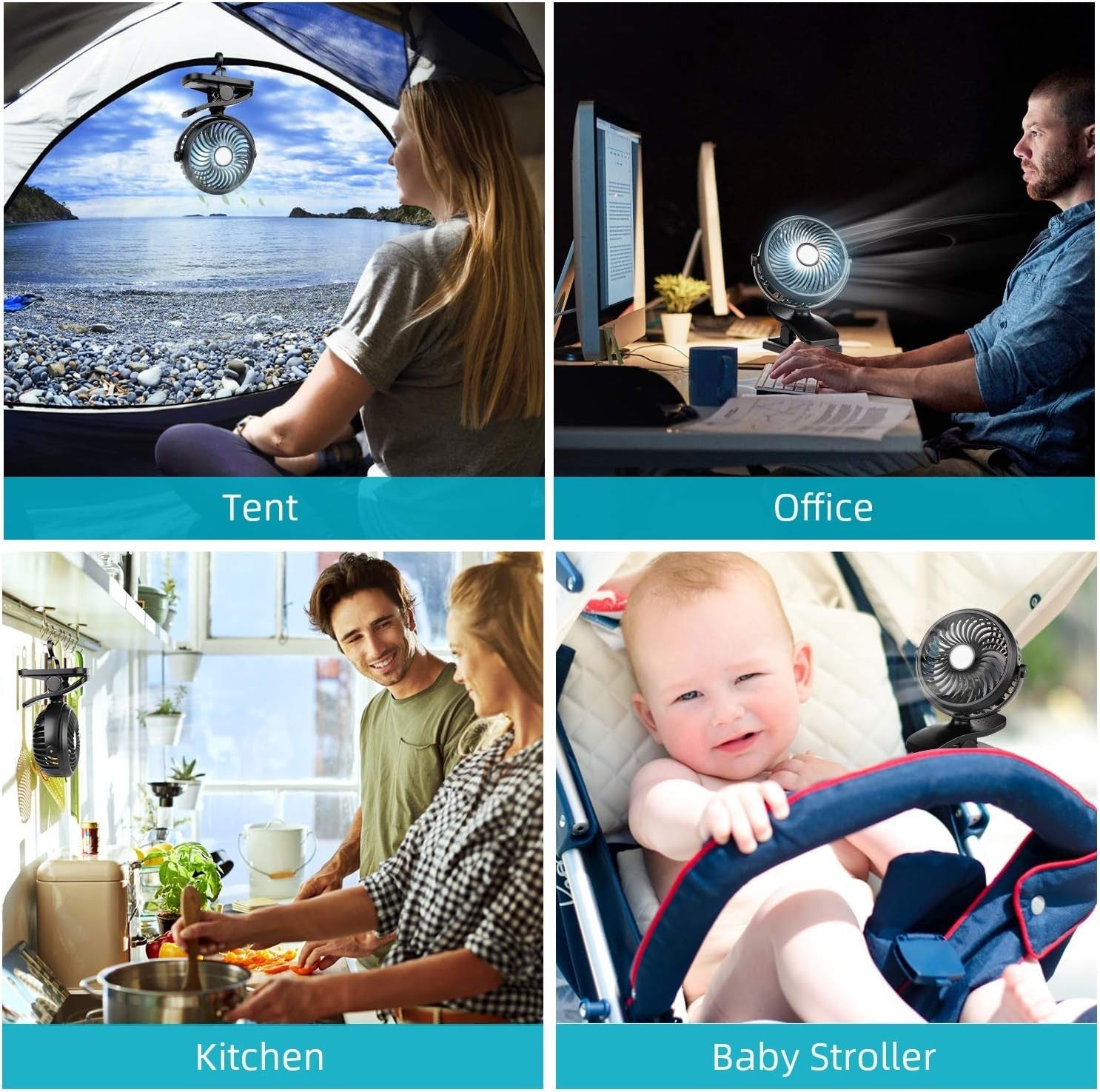 Clip-On Camping Fan – Rechargeable Desk Fan w/ LED Light 3 Speeds Portable Black