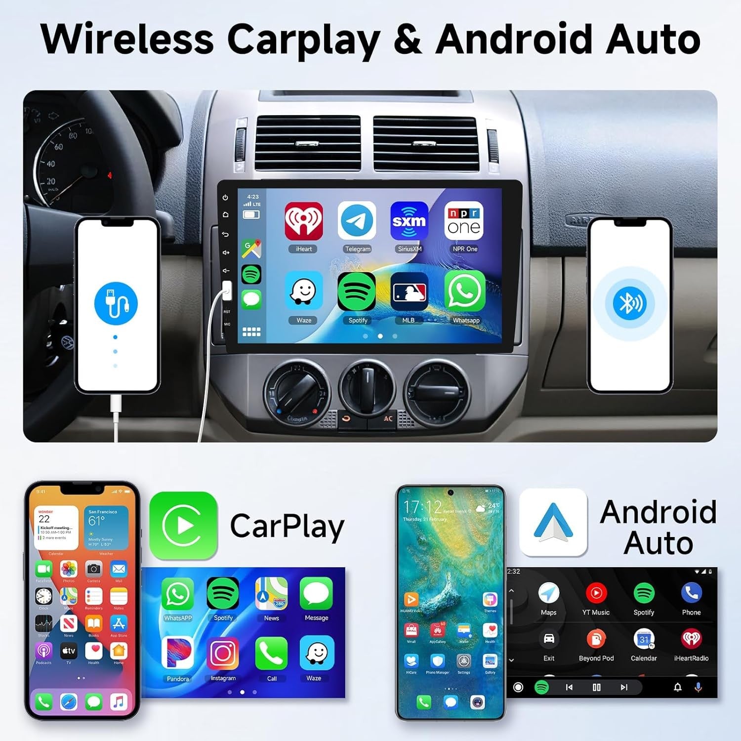 Hodozzy 9" Single Din Car Stereo Wireless CarPlay Android Auto GPS BT