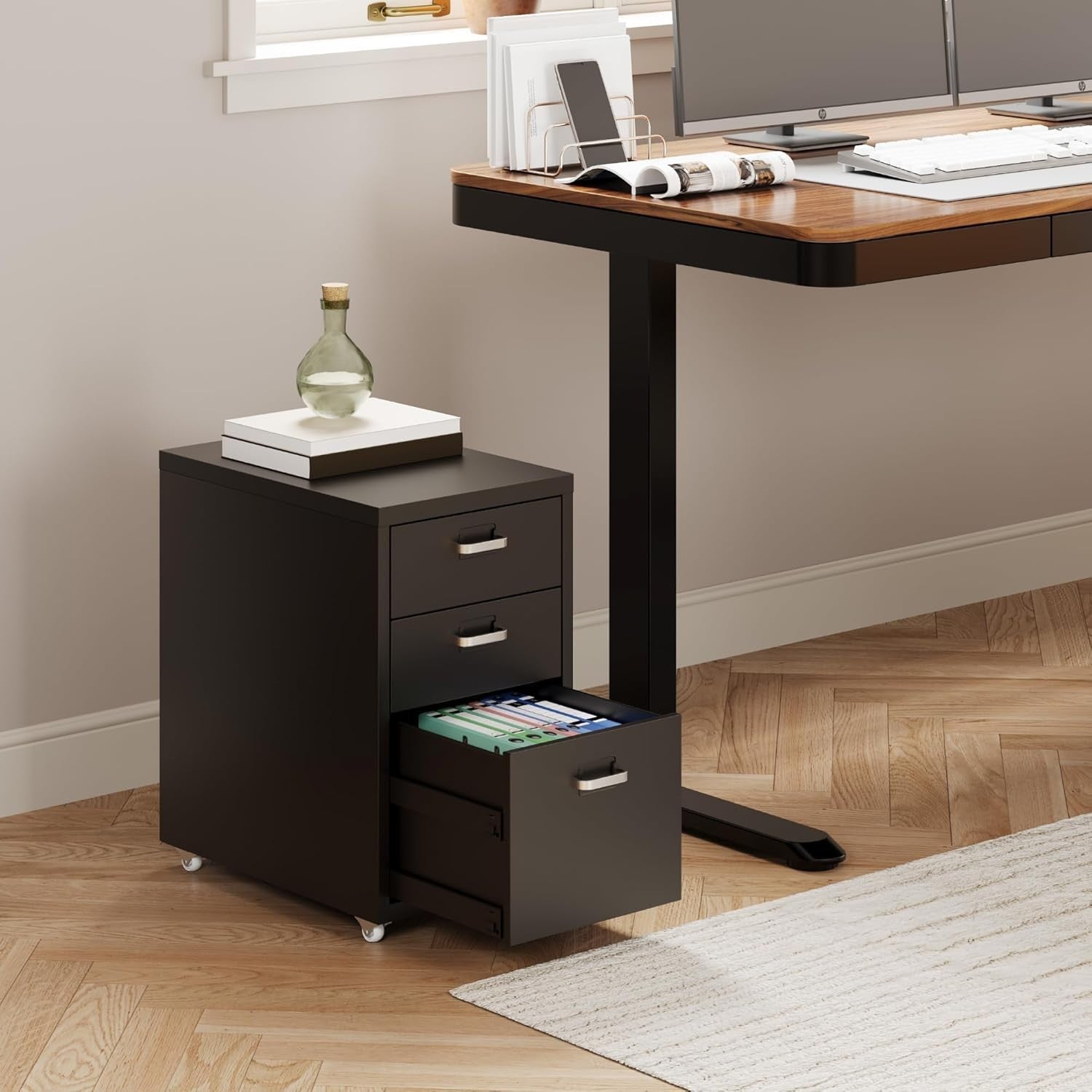 Black Mobile Filing Cabinet 3 Drawer A4 Under Desk Office Storage