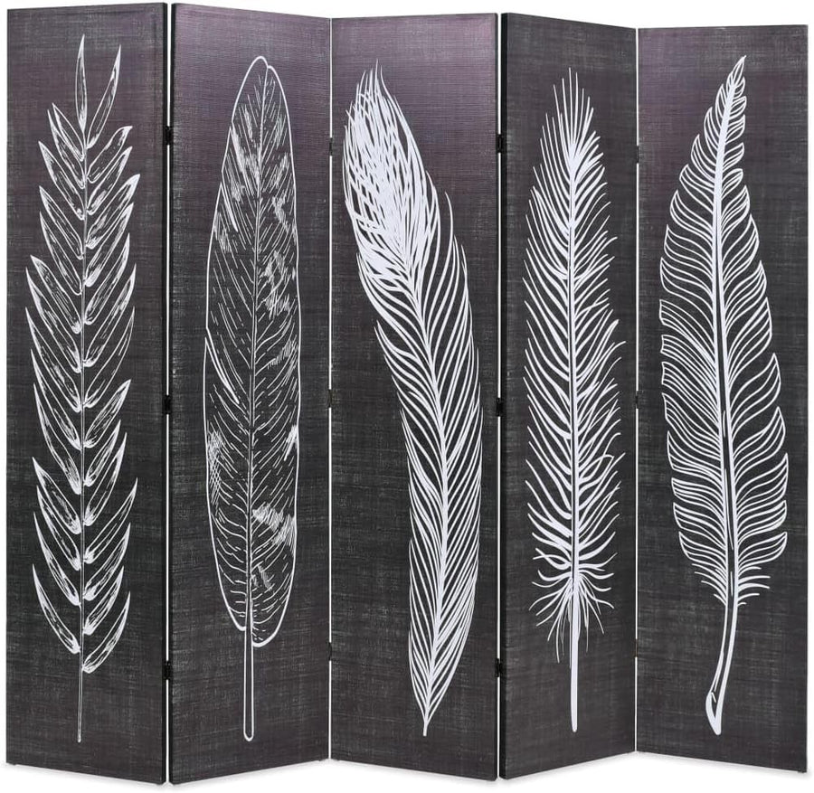 Feather Print Folding Room Divider 200x170cm Black White Canvas Screen