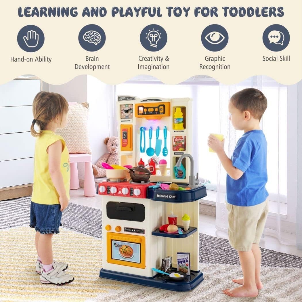 Kids Play Kitchen Set Lights Sounds Running Water 65PCS Blue Toy