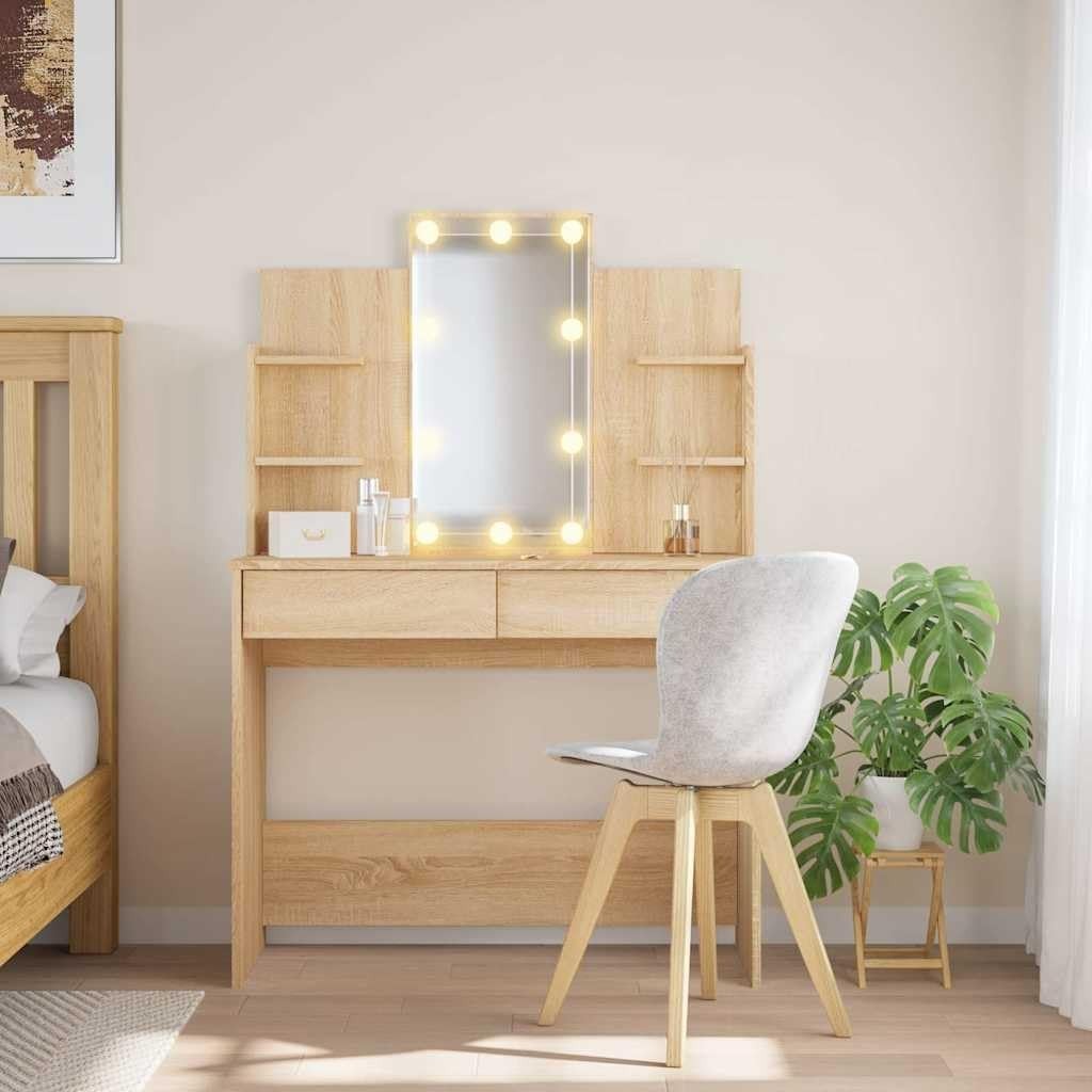Vanity Dressing Table Desk Mirror LED Lights Sonoma Oak 2 Drawers Storage Makeup