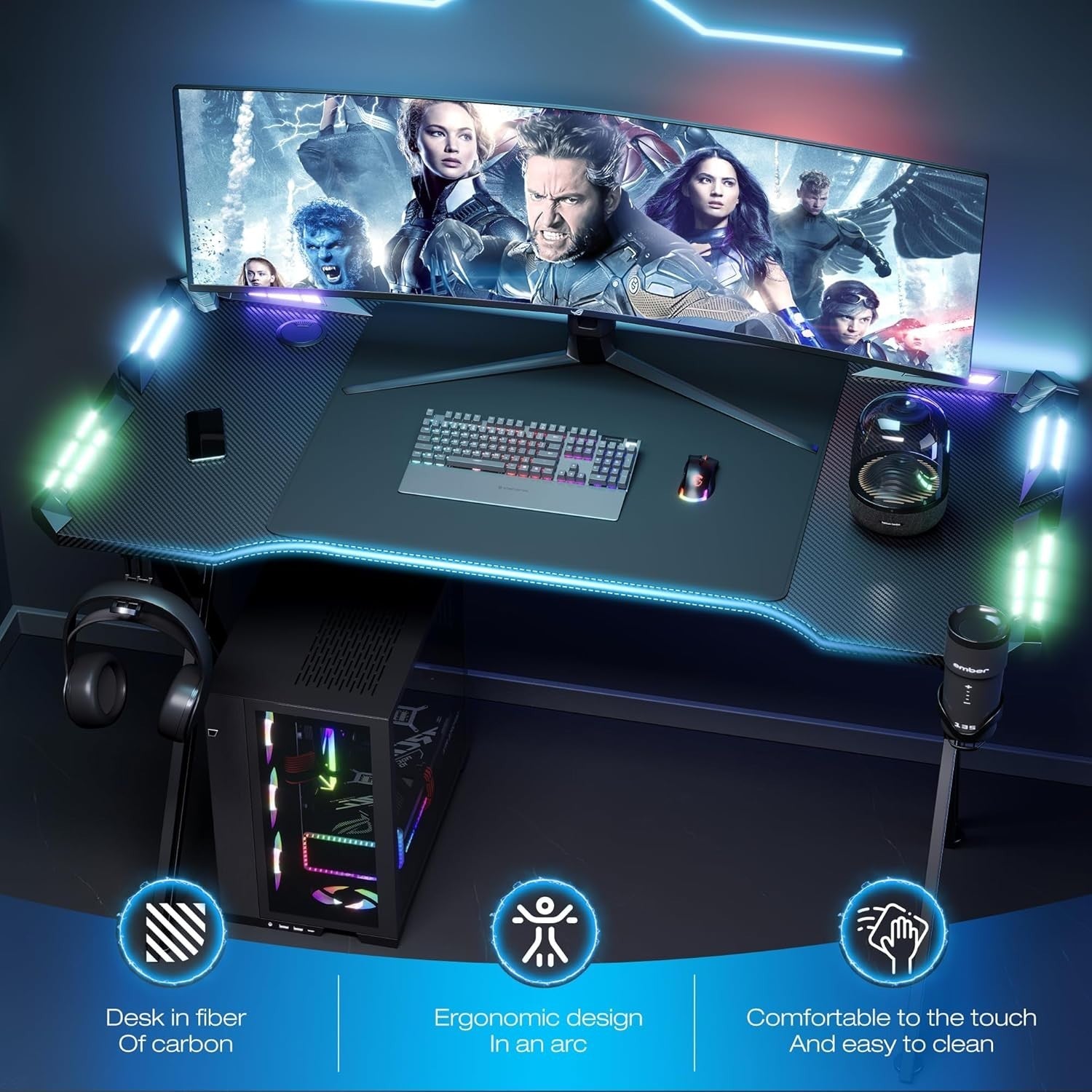 160cm RGB Gaming Desk with LED Lights, Cup Holder & Hook – Black X-Frame
