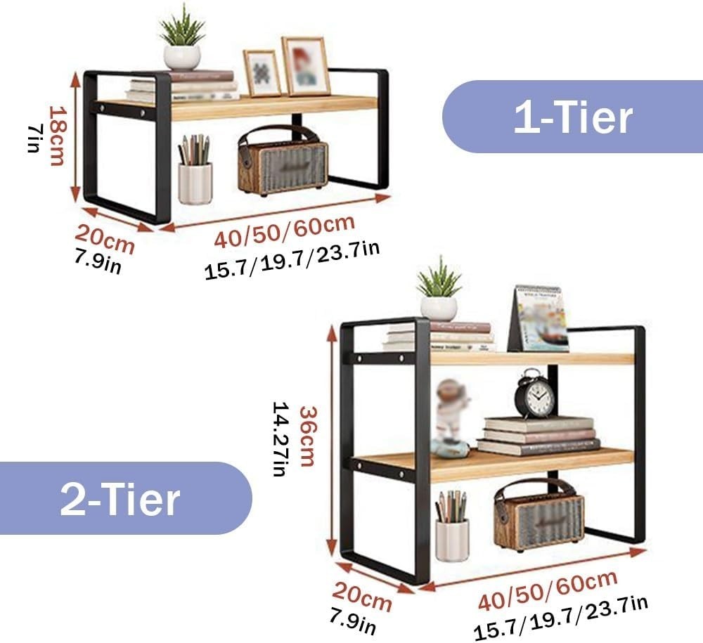 2-Tier Desktop Bookshelf Organizer | Black Wood & Metal Desk Storage Rack 40cm