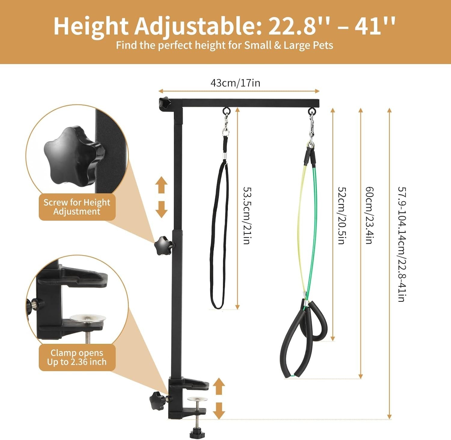 Dog Grooming Arm with Clamp Adjustable Double Loop No Sit Holder Stand