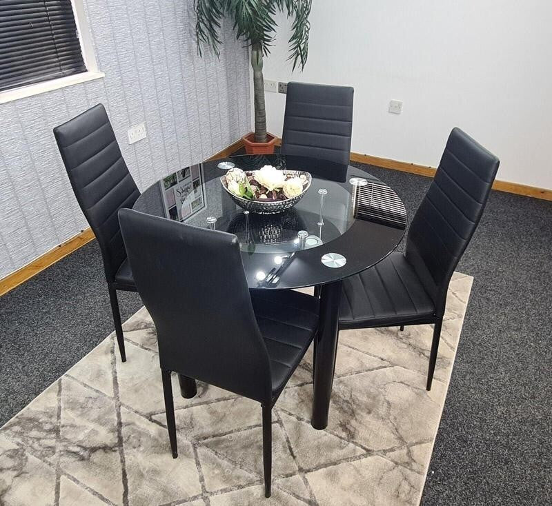 Round Glass Dining Table Set with 4 Faux Leather Chairs Black Modern