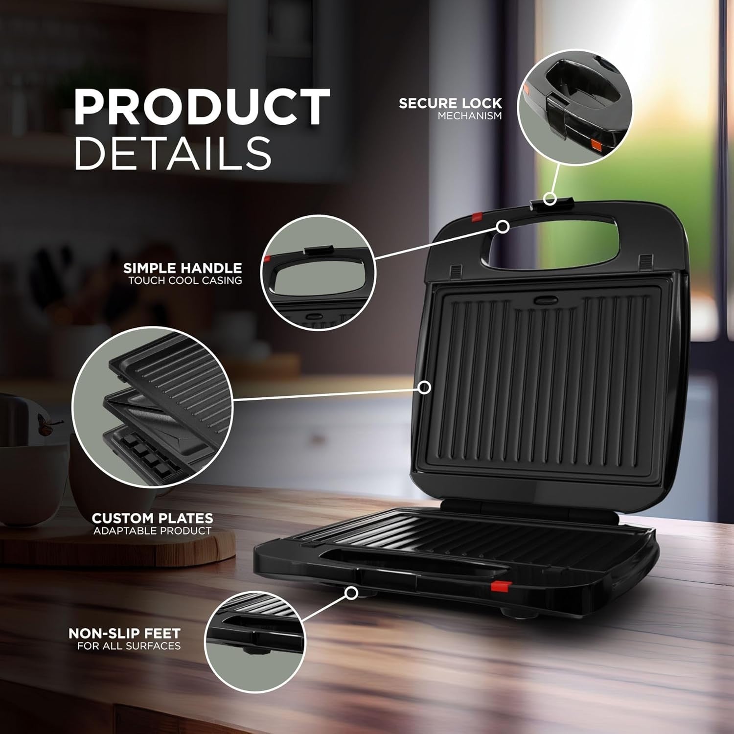 3-in-1 Toastie Maker Waffle Panini Grill 1200W Removable Plates