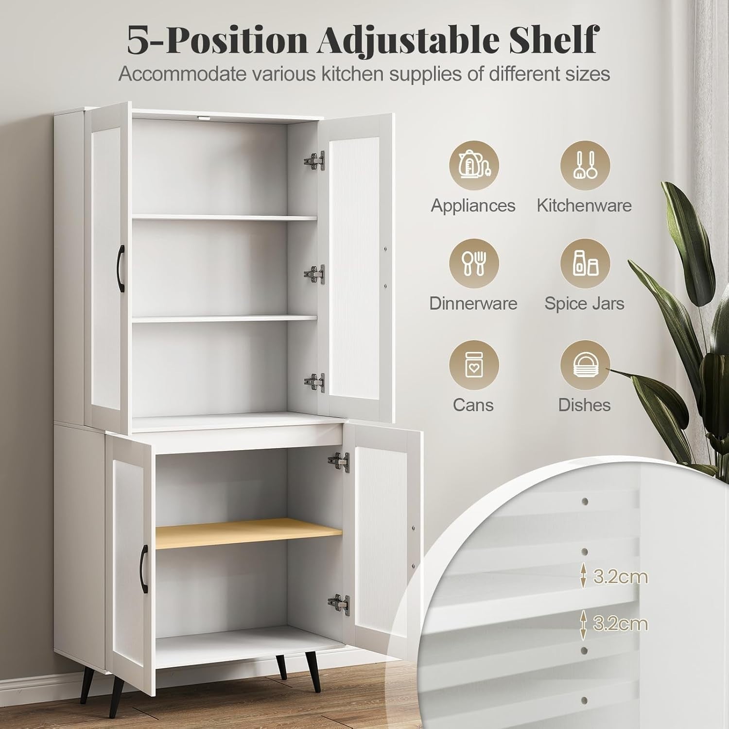 5-Tier Kitchen Cupboard with 4 Doors Adjustable Shelf Storage White
