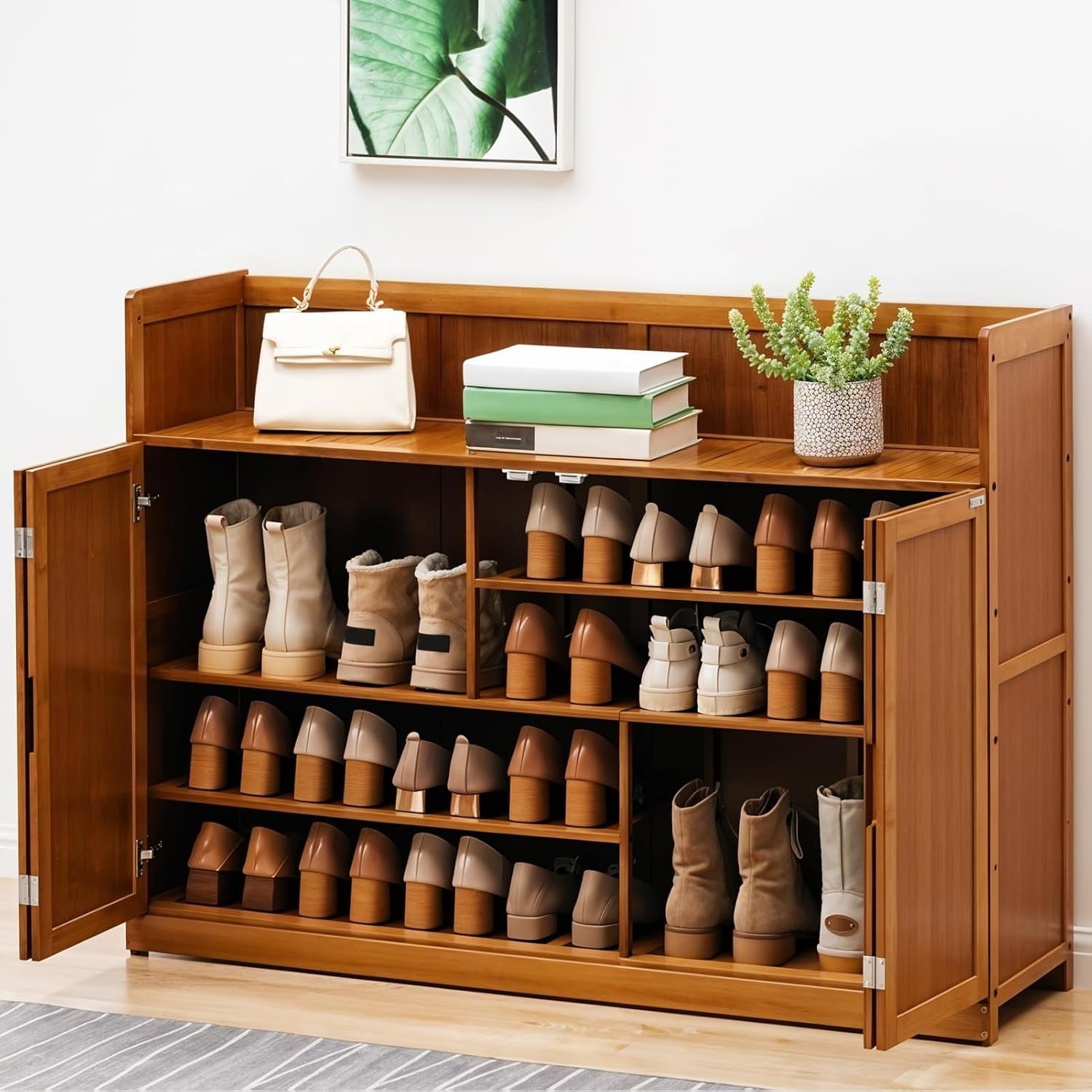 5-Tier Bamboo Shoe Storage Cabinet with Double Doors & Dustproof Rack