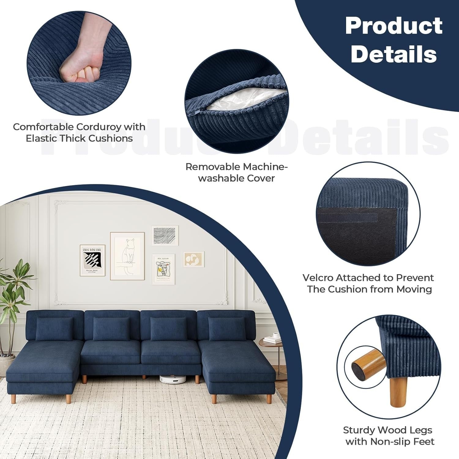 5 Seater U-Shaped Sofa Blue Corduroy with Double Chaise & Washable Covers