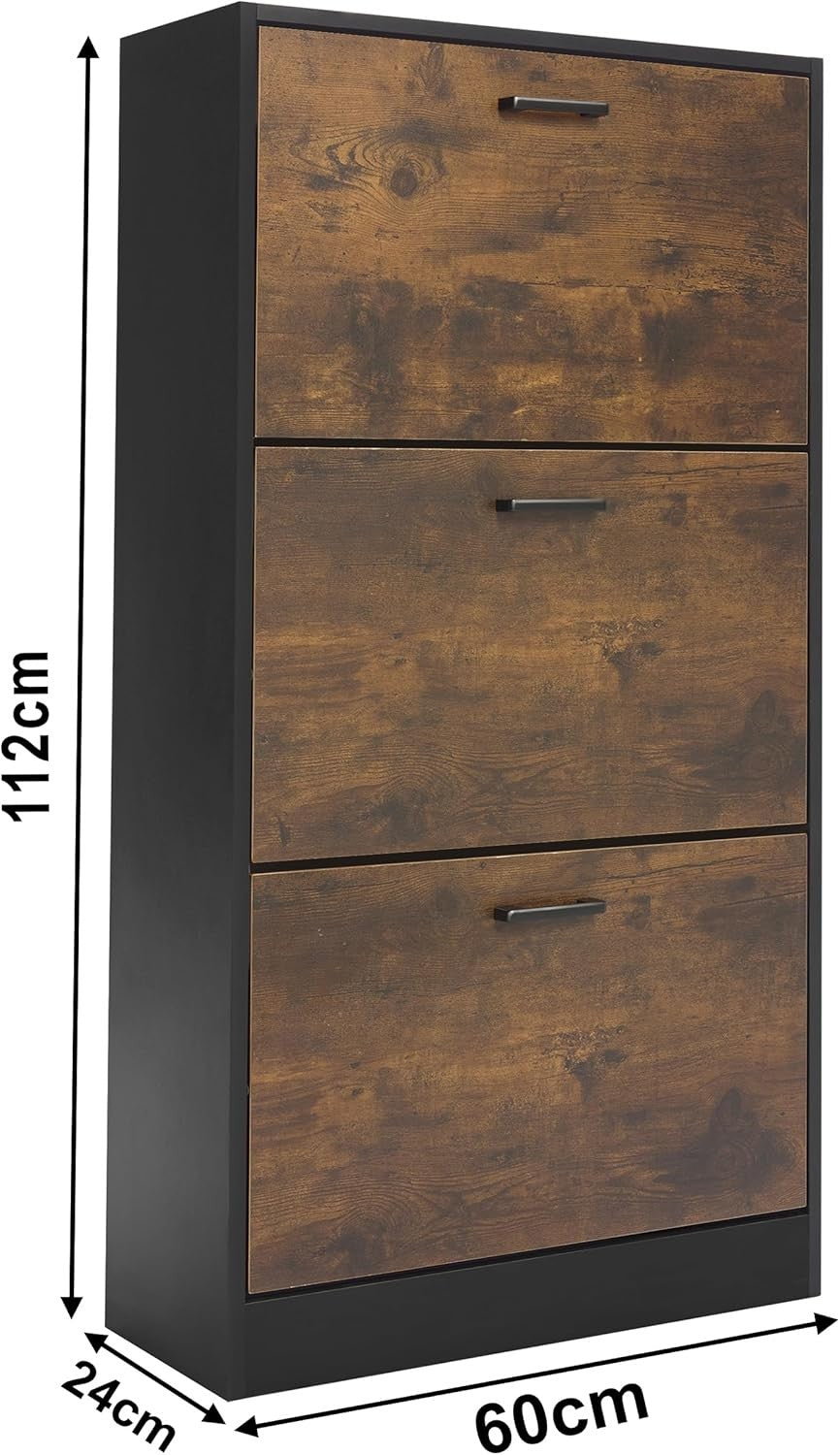 Black & Rustic 3 Drawer Shoe Cabinet with Top Shelf, Modern Hallway Unit