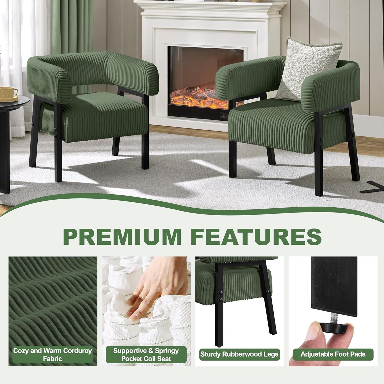 Corduroy Tub Chair Accent Armchair with Pocket Dark Green