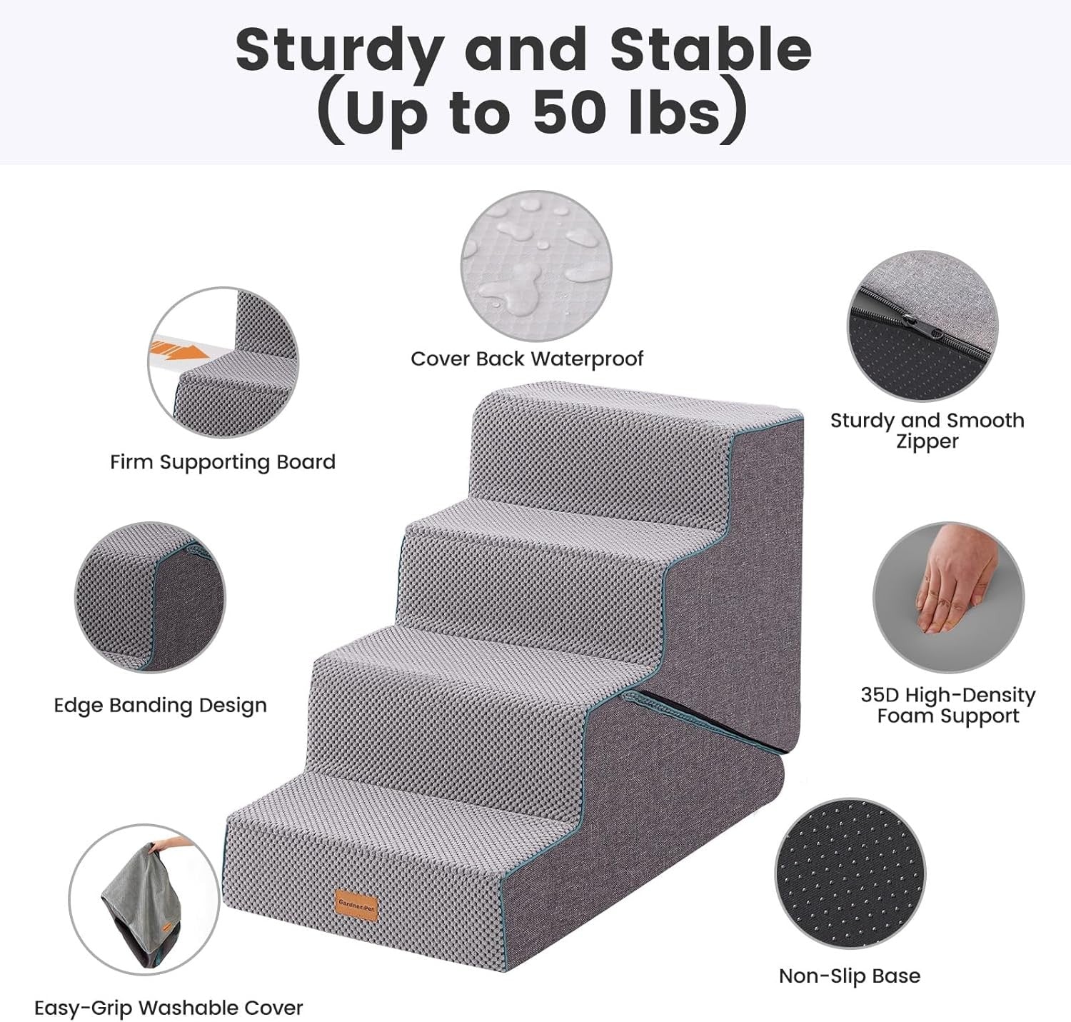 4 Step Adjustable Dog Stairs Foam Ramp Non-Slip Grey 47-56cm H