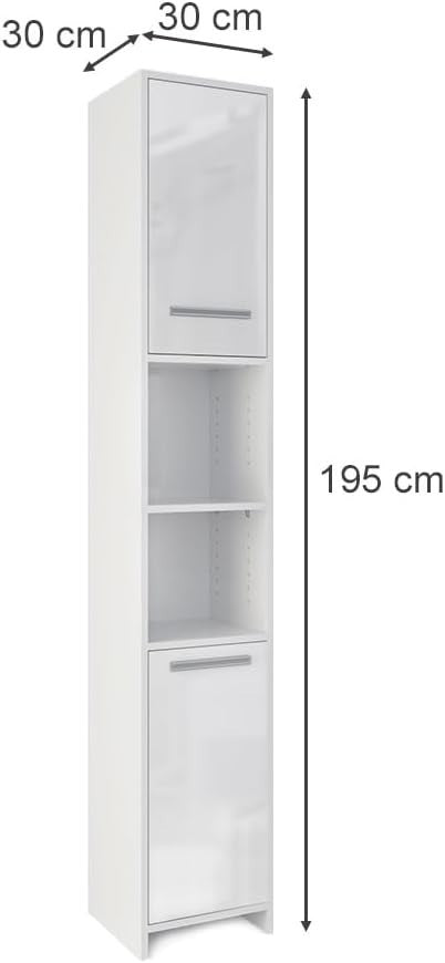 Tall White Gloss Bathroom Storage Cabinet with Shelves & Doors, 30x190 cm