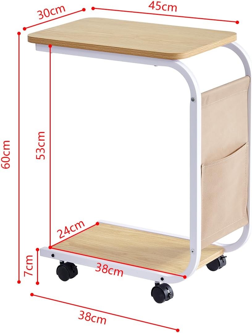 Walnut Slim Side Table on Wheels – 2-Tier Mobile Sofa End Table with Storage