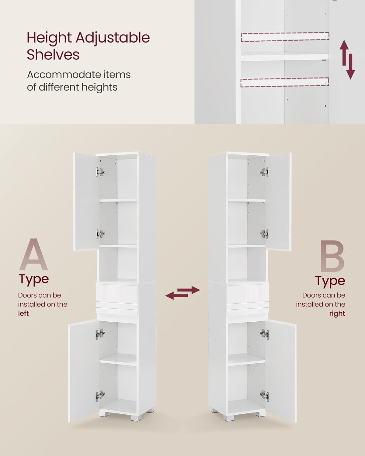 Tall Slim Bathroom Storage Cabinet White Cupboard with Drawer & Shelves