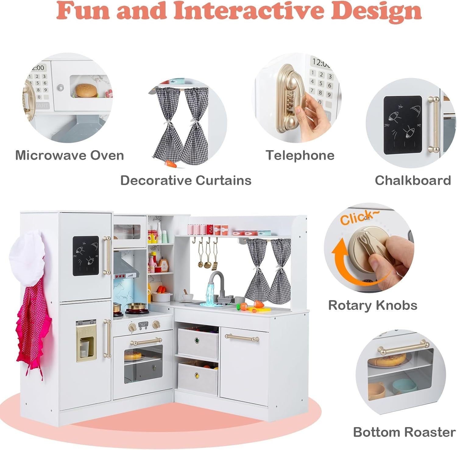 Kids Wooden Play Kitchen Set Lights Sounds Water Ice Maker White Toy