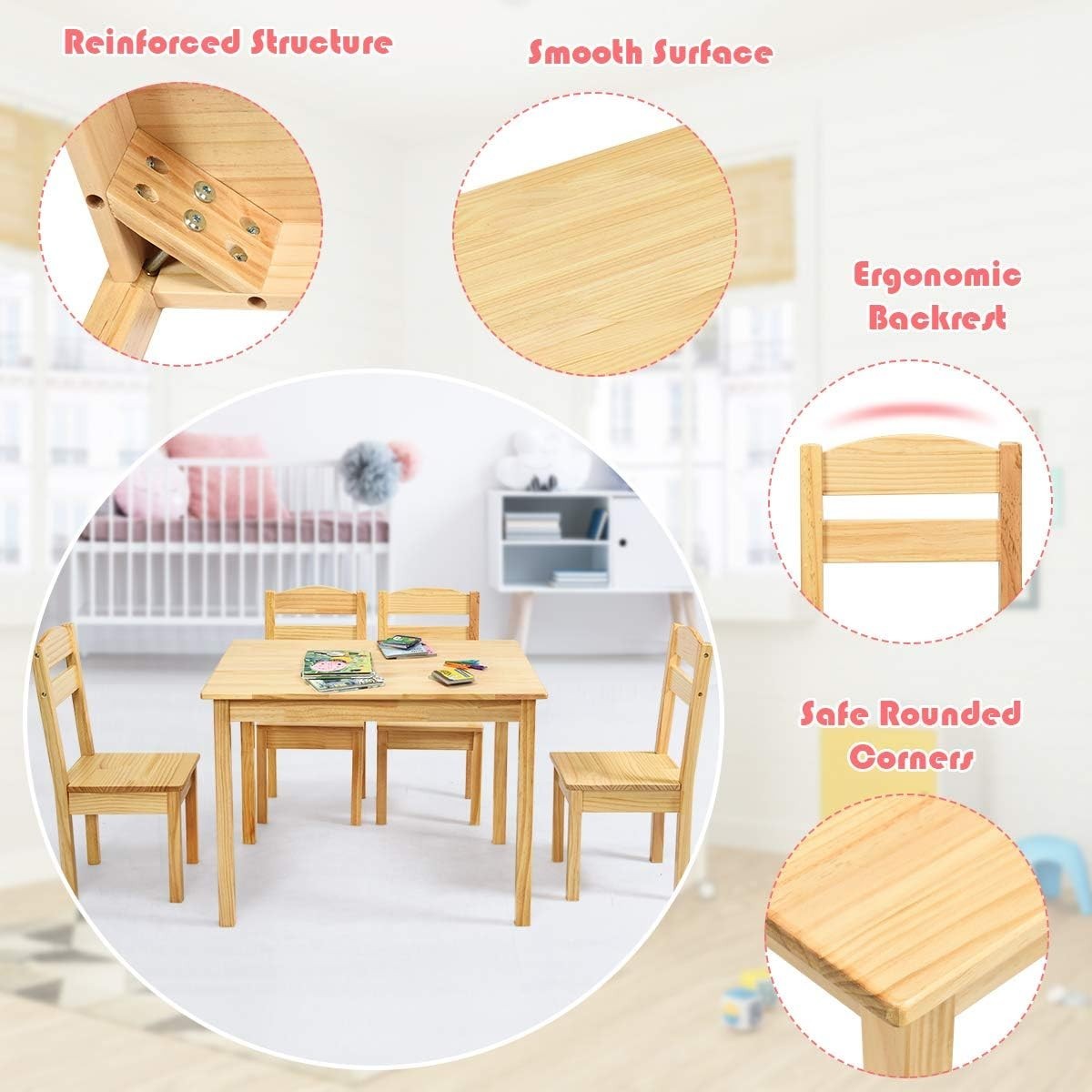Kids Wooden Table & 4 Chairs Set Toddler Activity Desk for Play & Learning