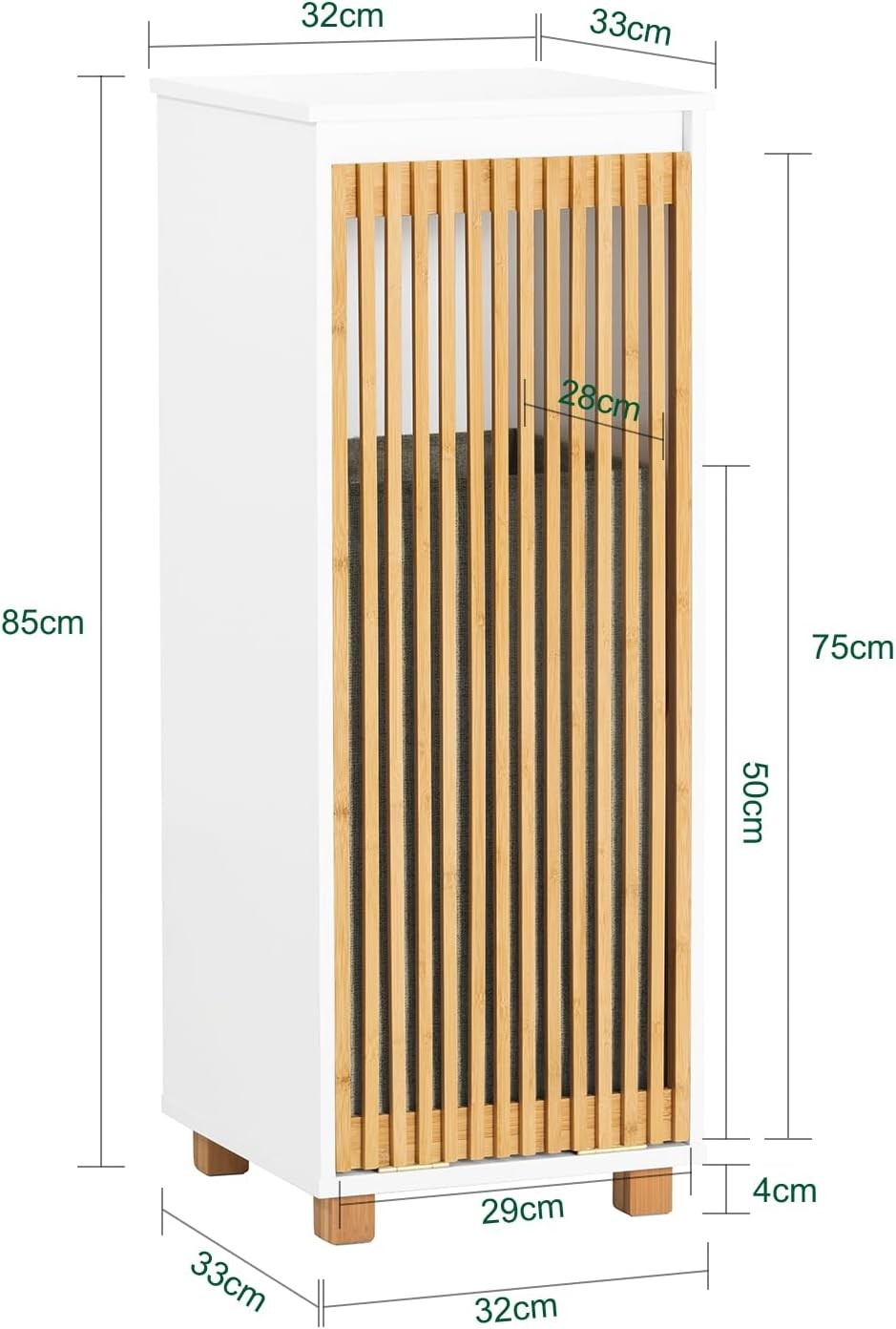 Slim Laundry Cabinet with Removable Basket Bathroom Storage Bamboo Door White