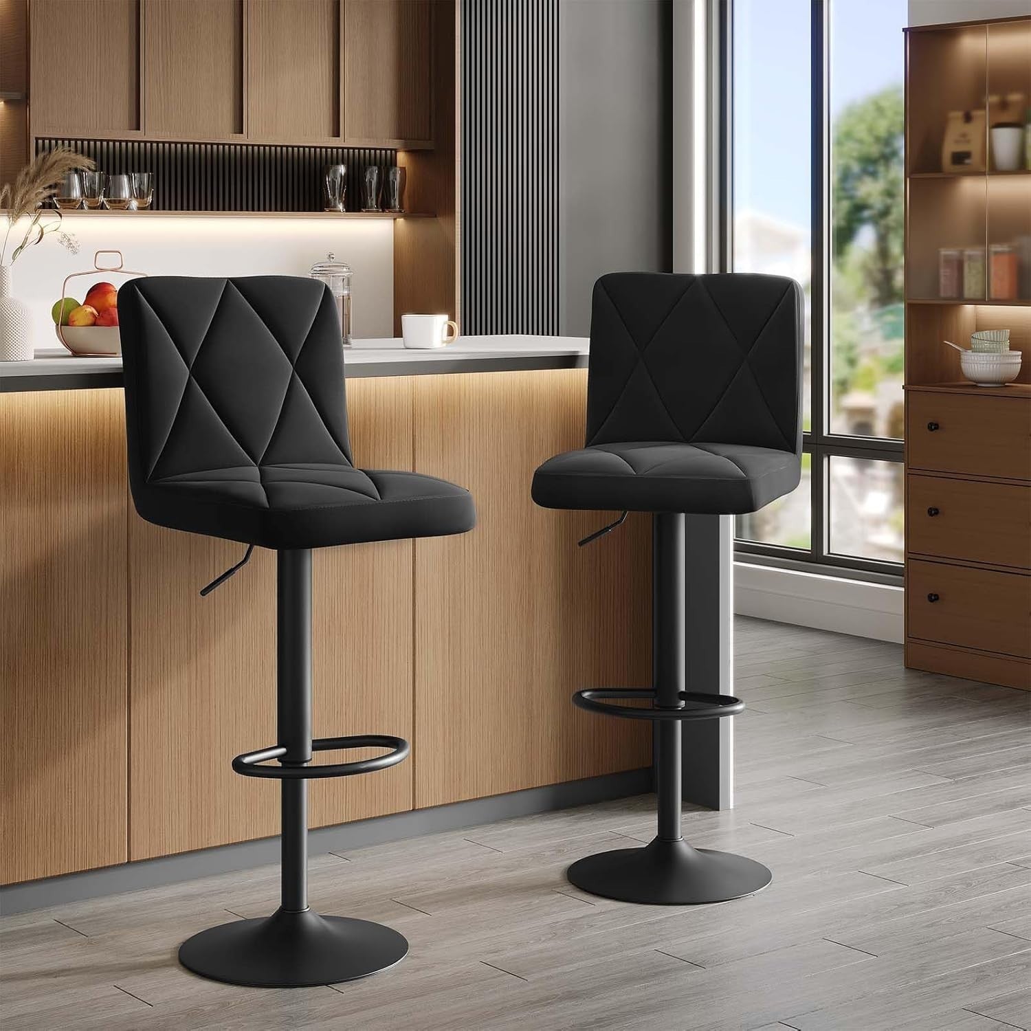 Set of 2 Black Velvet Bar Stools Square Seat Swivel & Adjustable 60-80cm