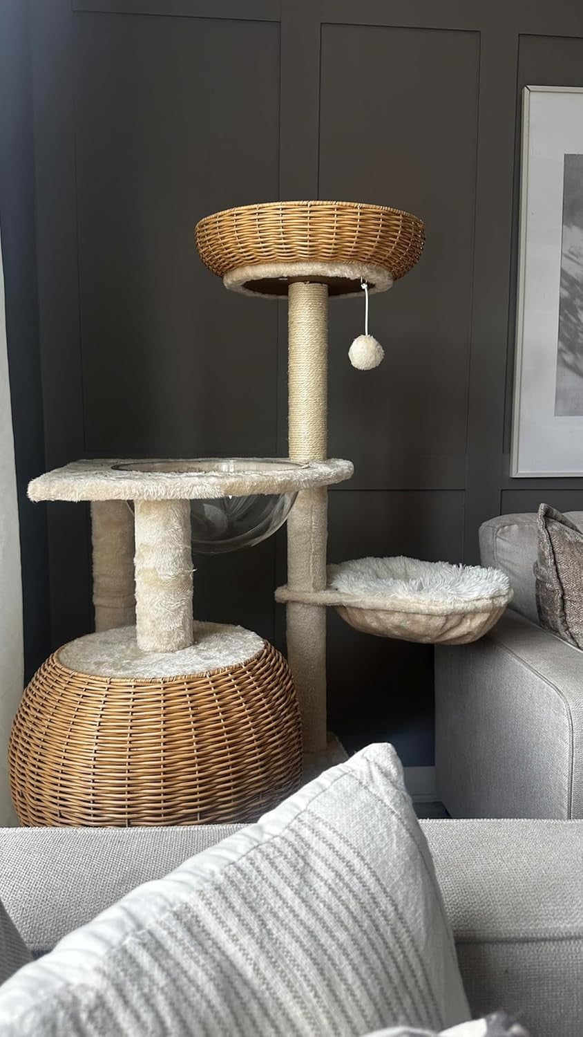 Modern Cat Tree Tower 137.5cm With Wicker Condo Clear Bowl Scratching Posts