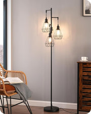 Dimmable Industrial Floor Lamp with 3 LED Bulbs & Diamond Cage Shades