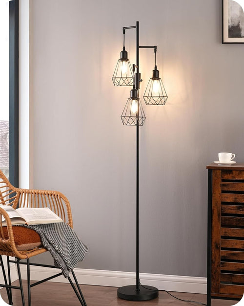 Dimmable Industrial Floor Lamp with 3 LED Bulbs & Diamond Cage Shades