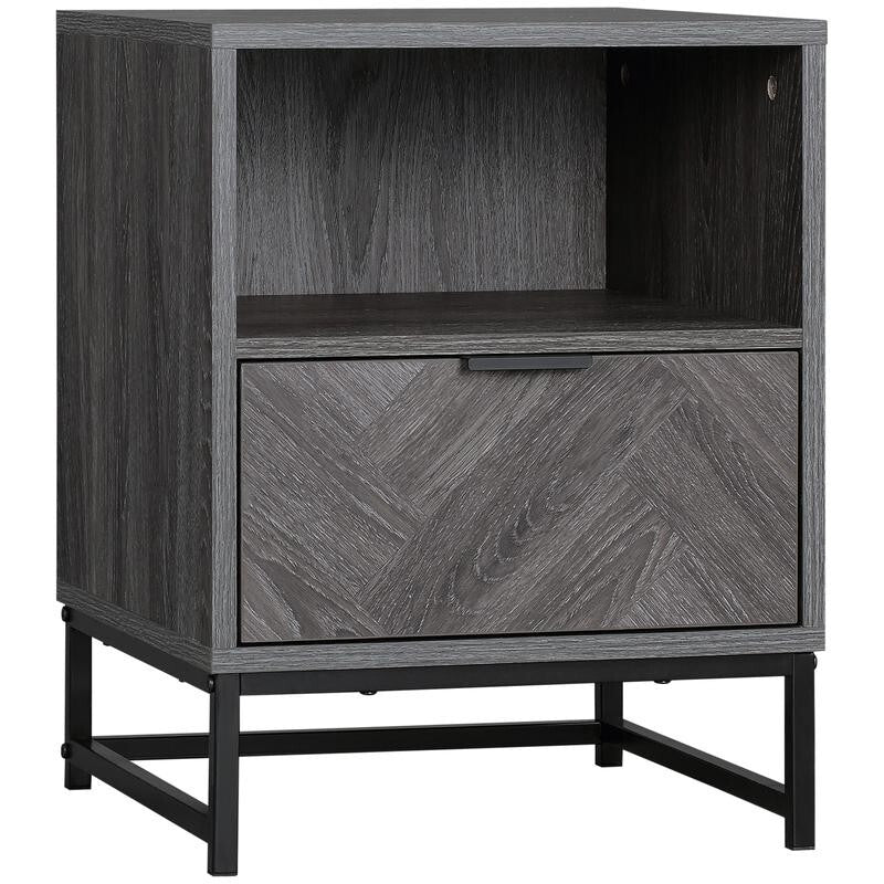 Grey Bedside Table with Drawer & Shelf, Metal Frame, 52cm Tall