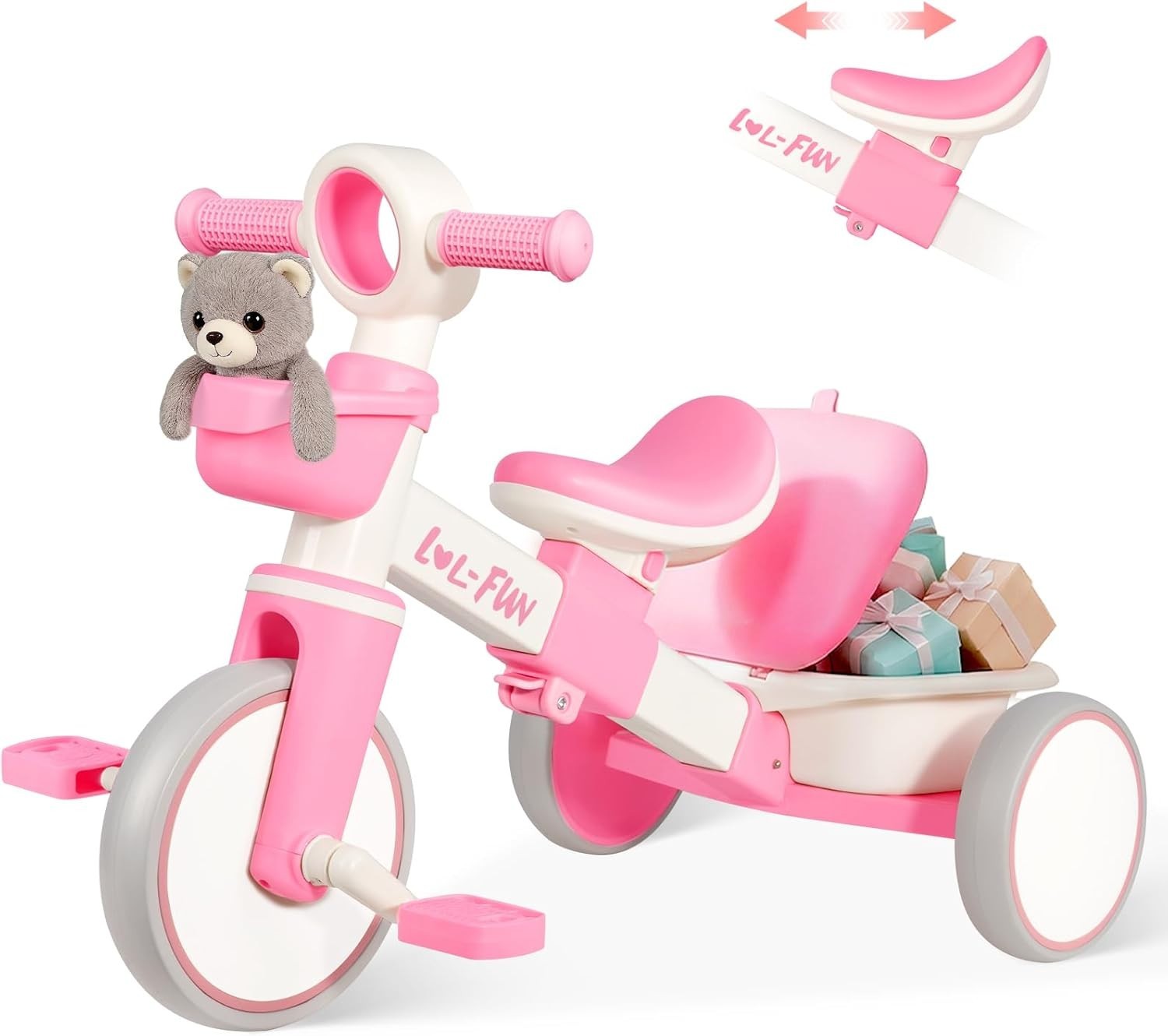 Kids Tricycle Toddler Bike Pink Adjustable Seat Storage Baskets 1-4Y