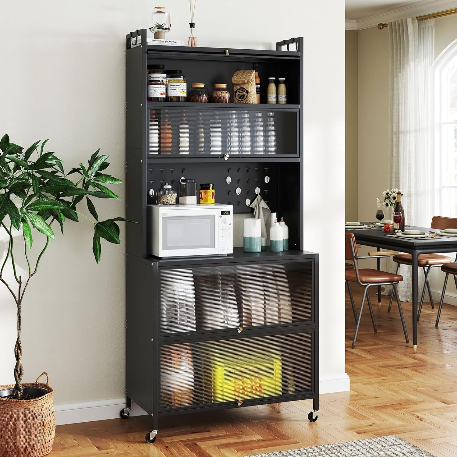 80x40x181cm Black Rolling Kitchen Cabinet 6-Tier Pantry Storage with Wheels