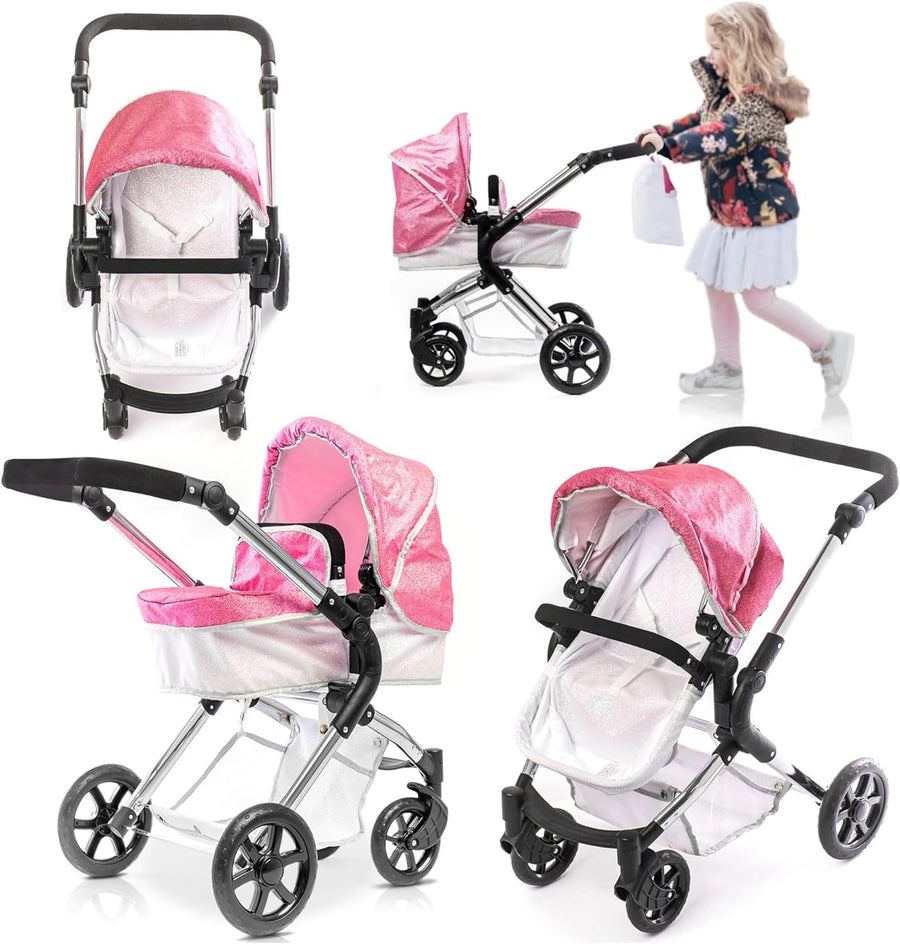 2in1 Pink Doll Pram Pushchair Carrycot Foldable Fits 42cm Dolls