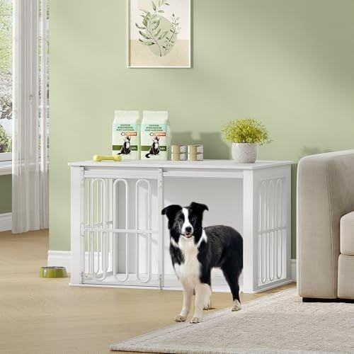 HEXCELEN Wooden Dog Crate White – Small/Medium Indoor Pet Cage & Side Table