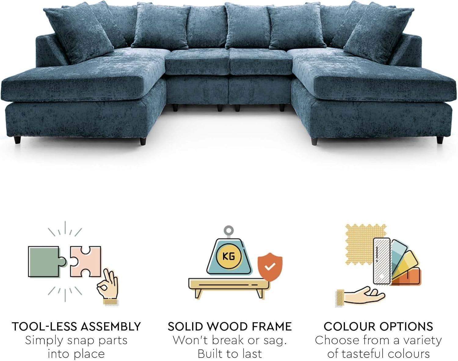 U-Shaped Sofa Dark Blue Chenille w/ Cushions + Footstool | 280x164x90cm Modern