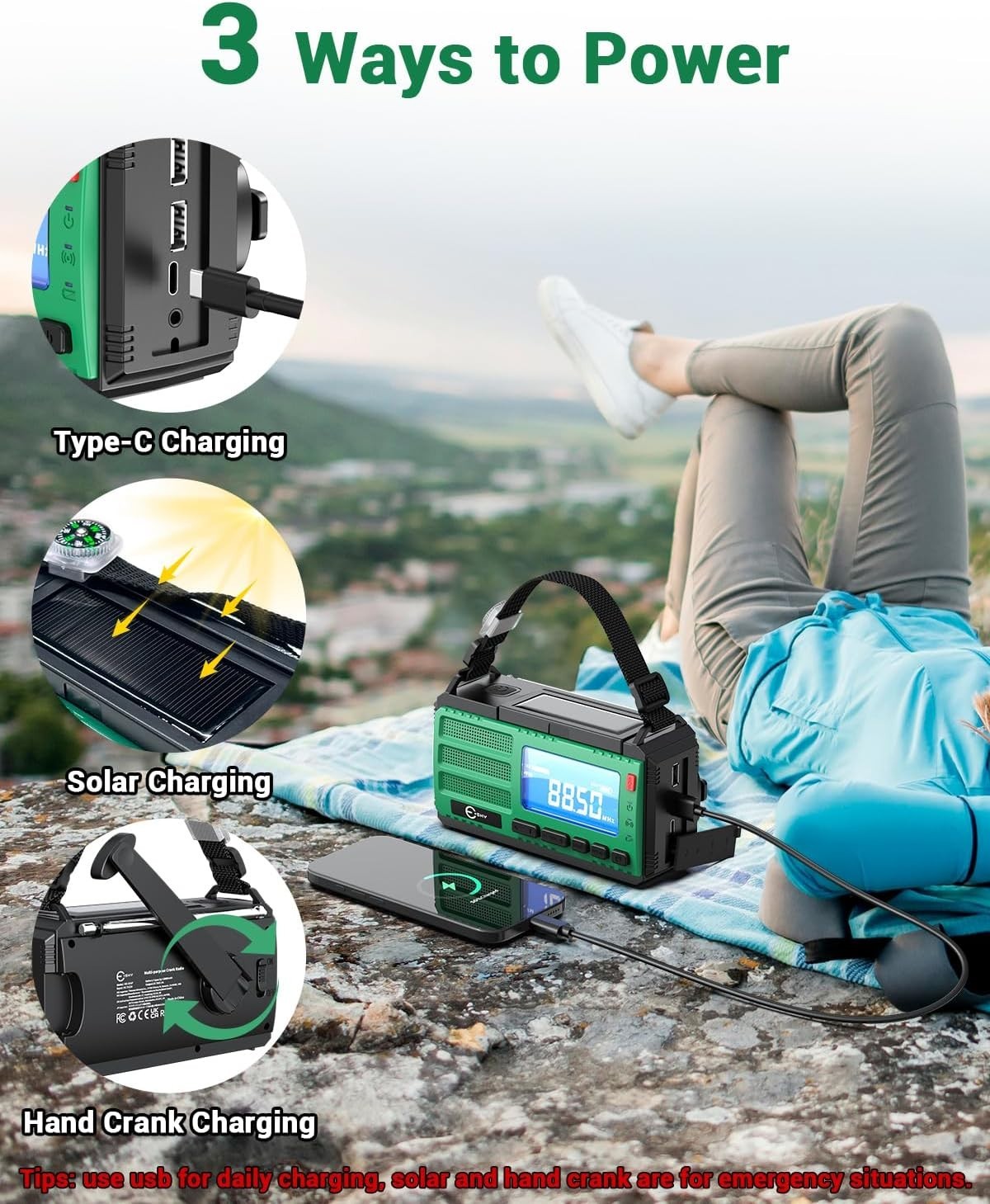 Emergency Wind Up Radio 10000mAh Solar USB Flashlight & SOS Alarm
