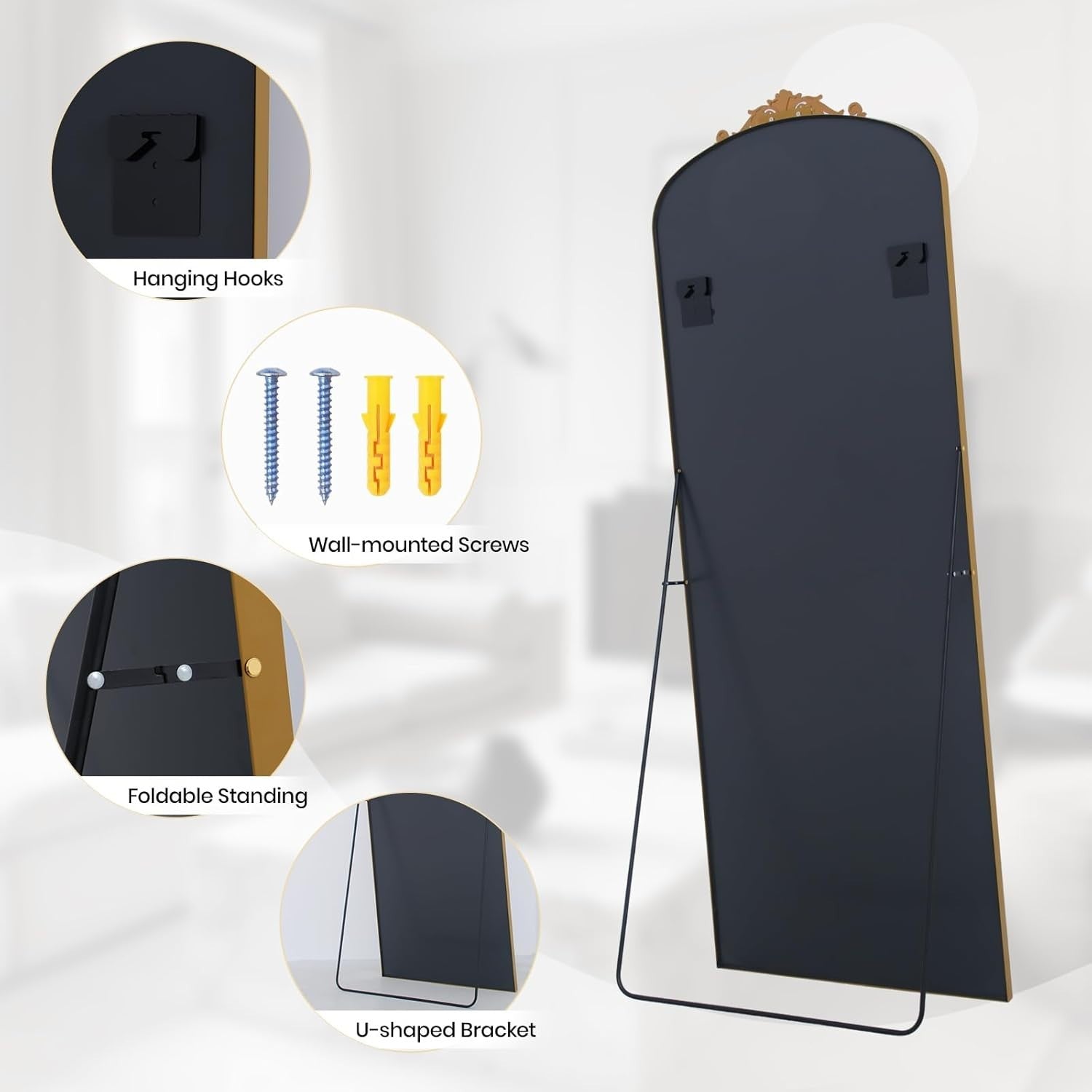 Gold Arch Full Length Mirror 146x44cm Wall Leaning Vintage Dressing Mirror