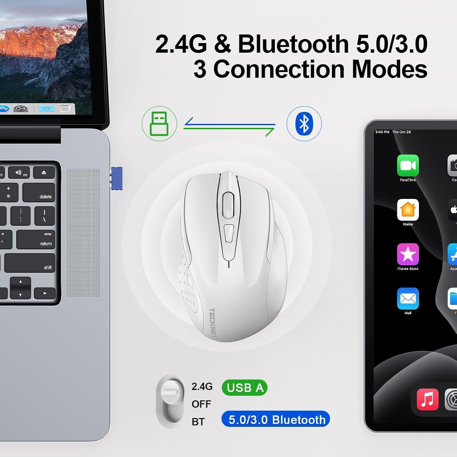 White Rechargeable Bluetooth Mouse Silent Tri Mode 4800DPI Ergonomic Office
