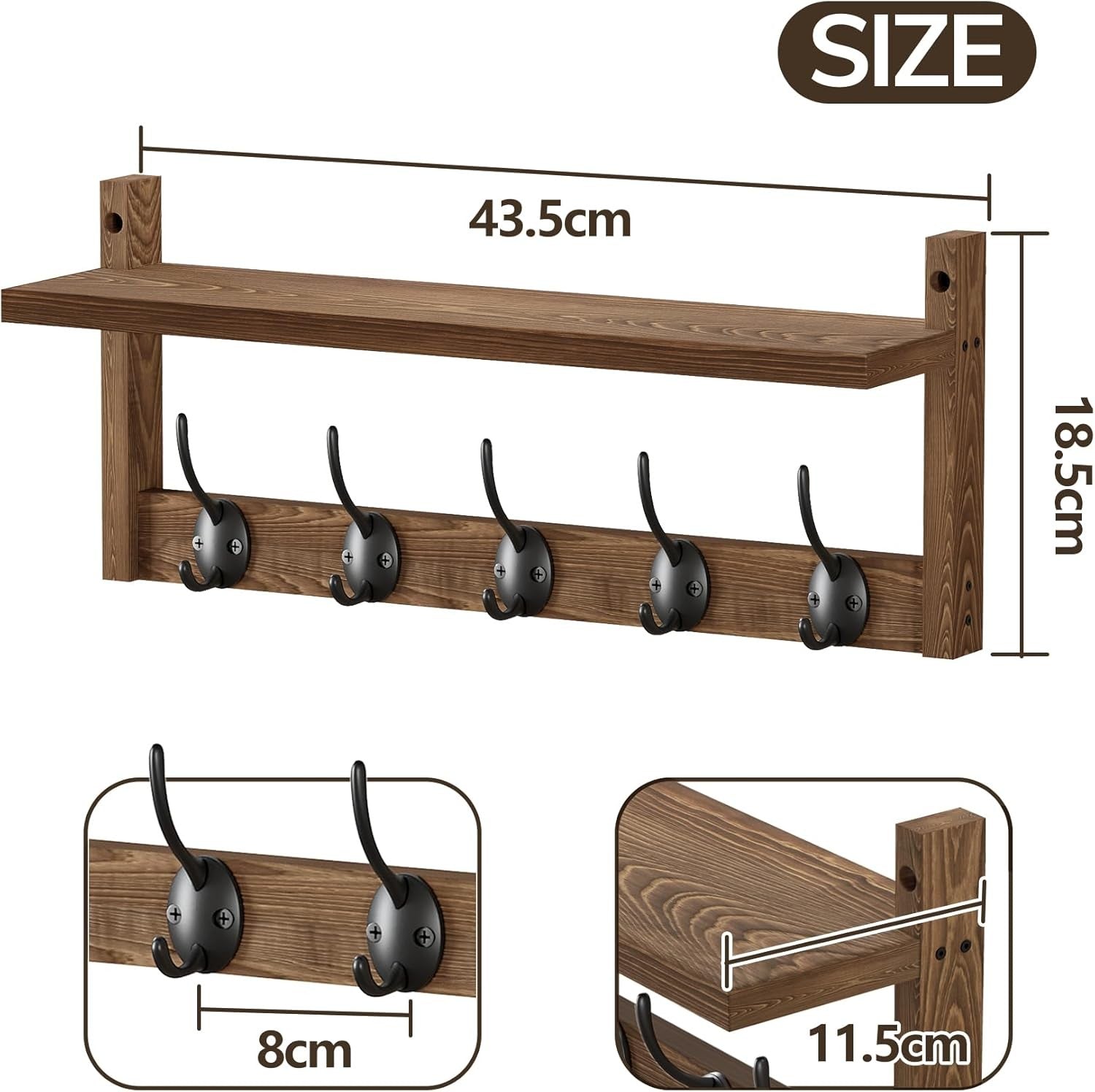 Wooden Wall Hook Rack with Shelf 87cm | 10 Hooks for Coats Hats Bags