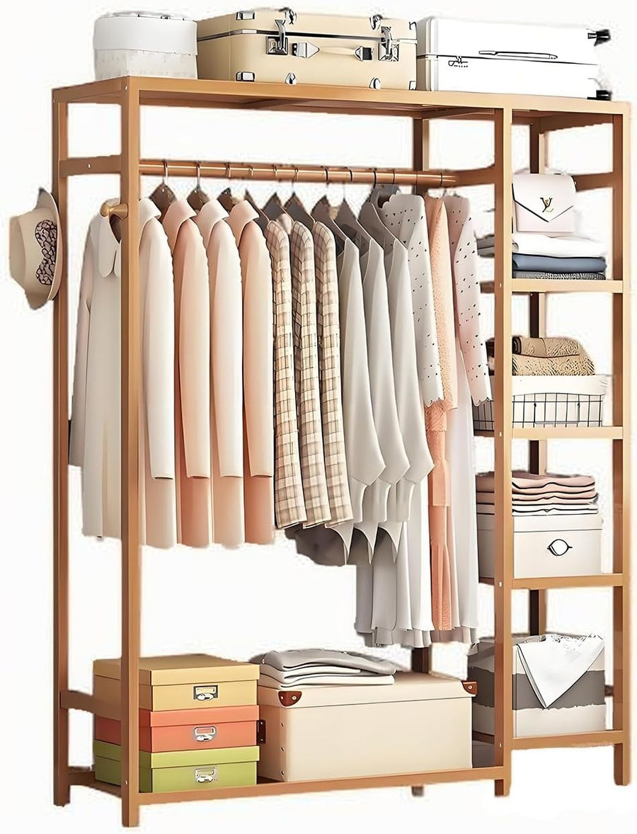 Bamboo Clothes Rail Garment Rack 4 Tier Storage Shelves Natural Wood