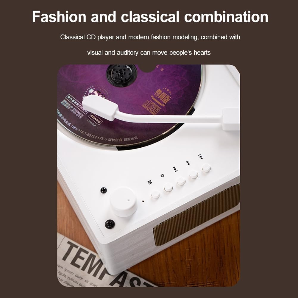 Retro Bluetooth CD Player Rechargeable Speakers USB AUX Remote White