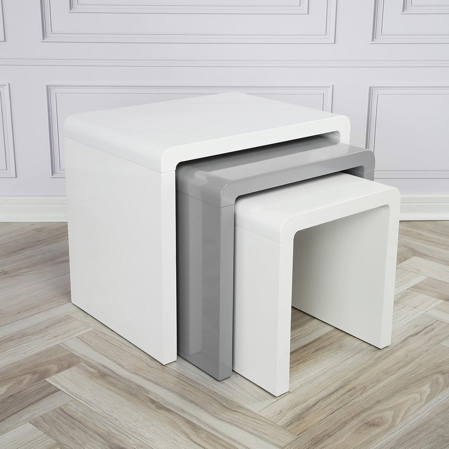 High Gloss Coffee Table Set of 3 Nesting Side End Tables White Grey New