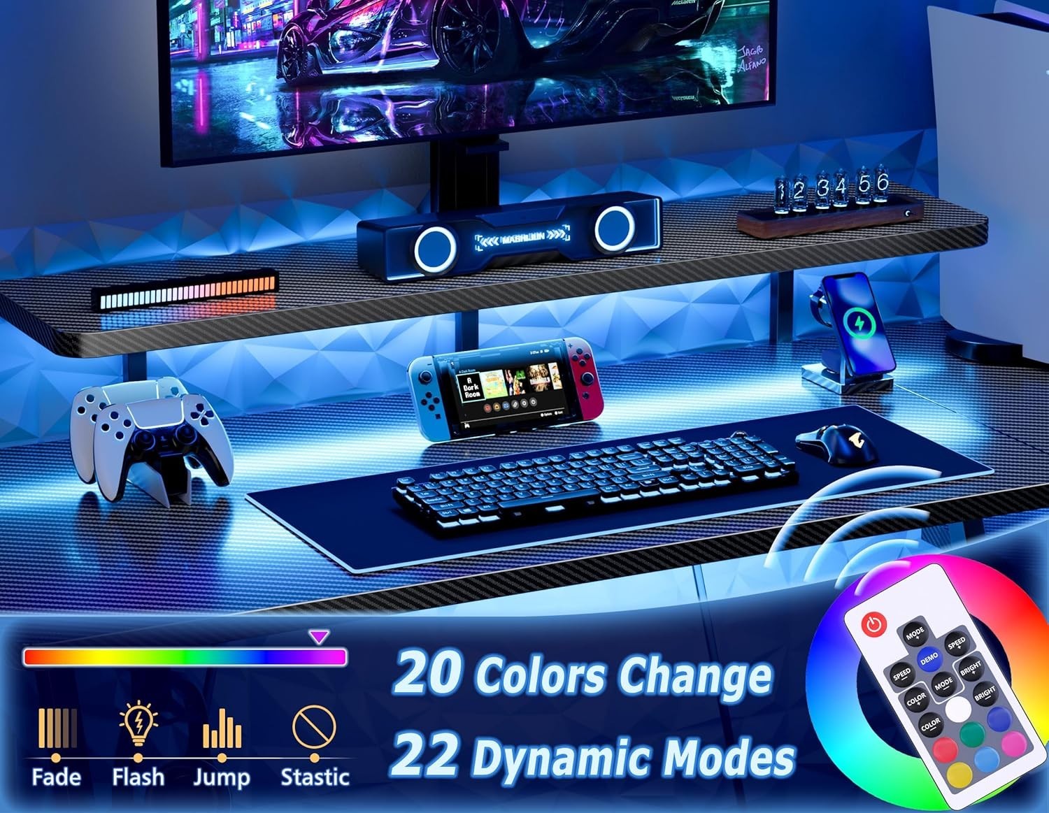 Black 120cm L Shaped Gaming Desk with LED Lights, Monitor Stand & Shelves