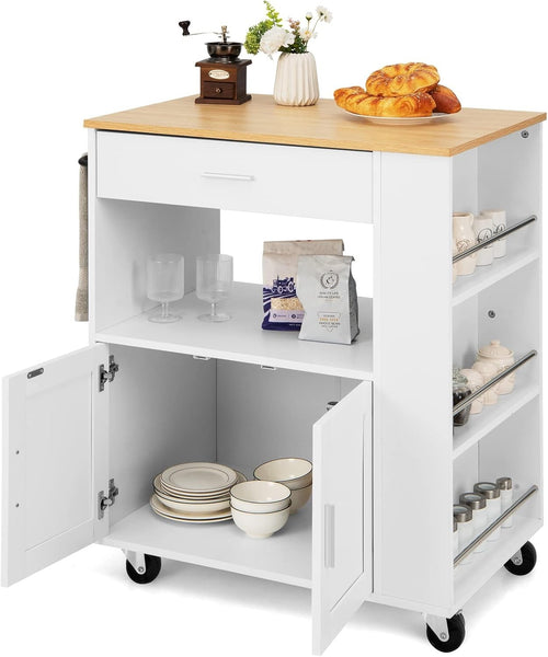Mobile Kitchen Island Cart with Drawer, Cabinet, 3 Spice Racks & Wheels