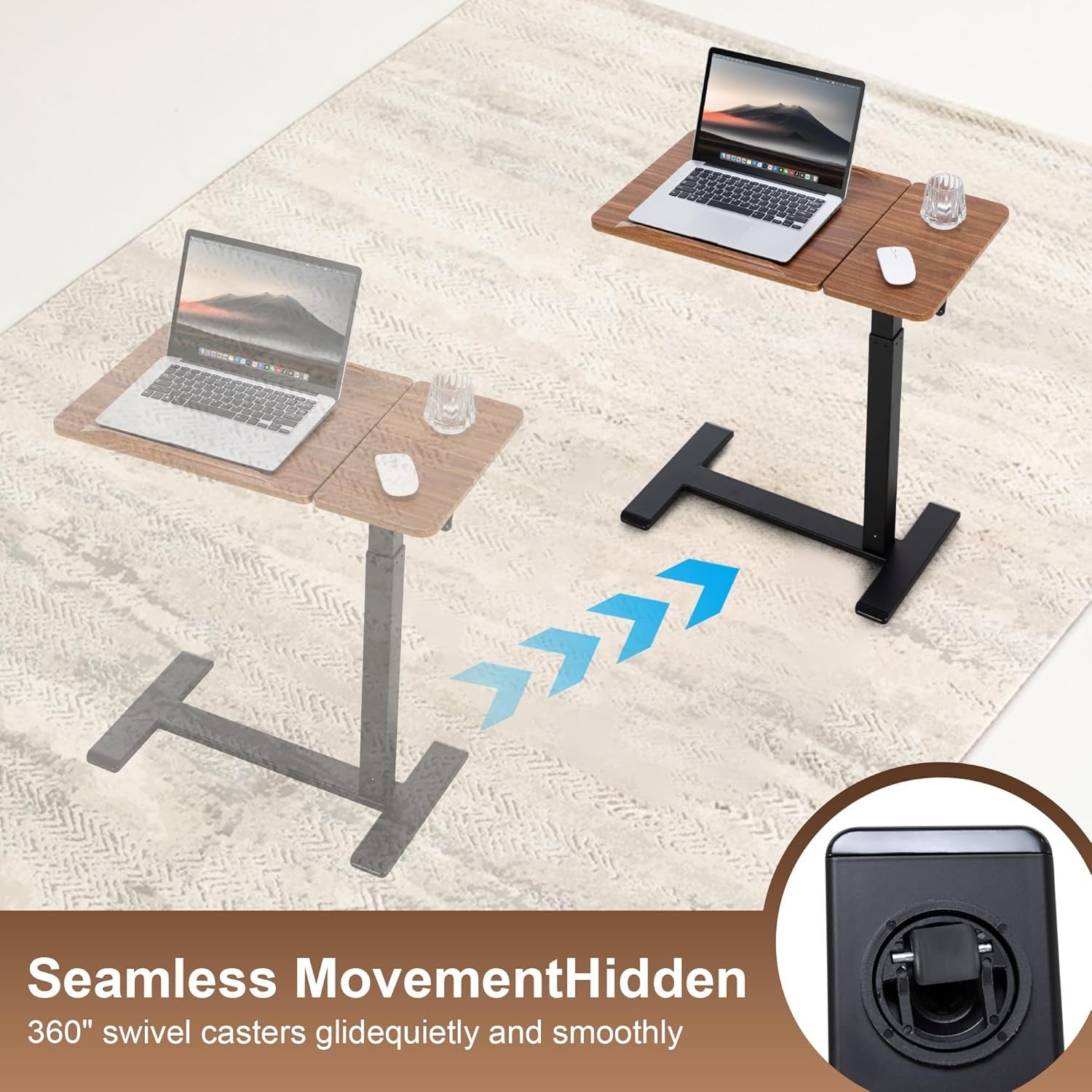 Overbed Laptop Table Height Adjustable Rolling Desk C Shape Tilt Top Walnut