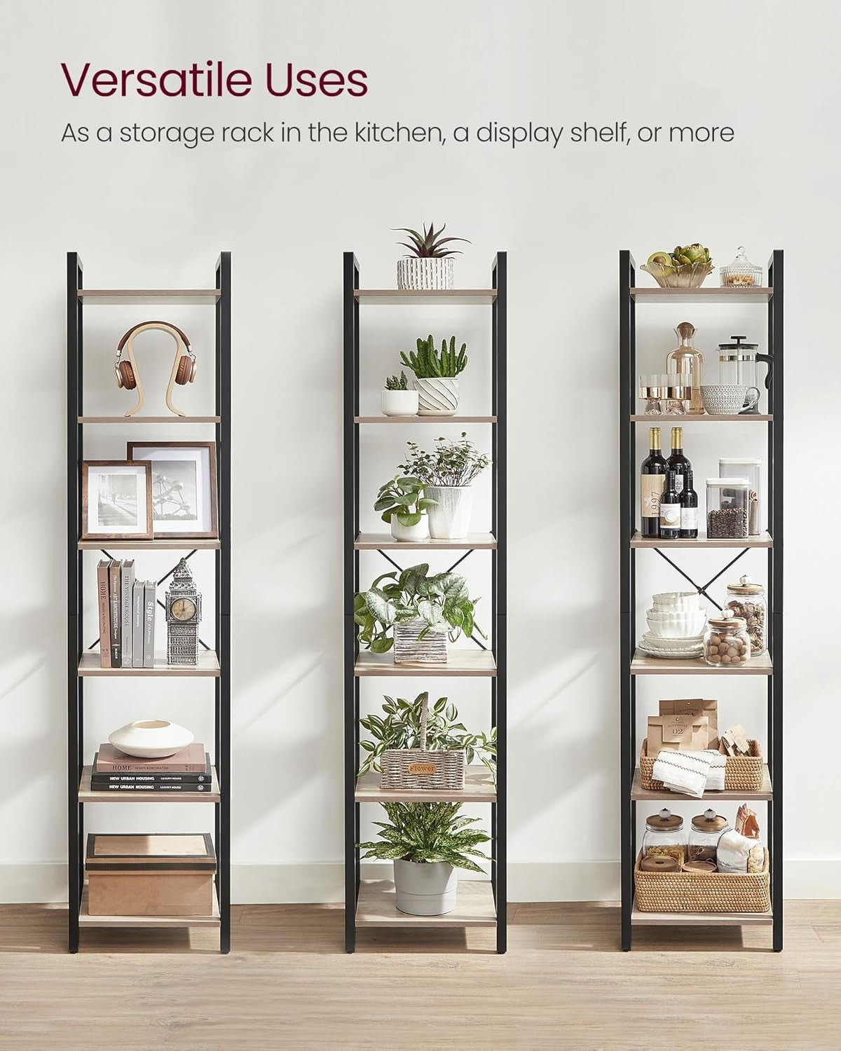 6-Tier Industrial Bookshelf 187.5cm Tall Slim Storage Unit Heather Greige