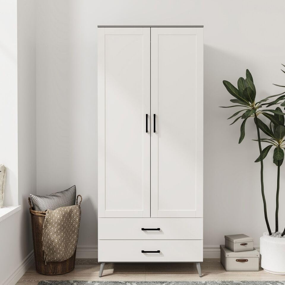Modern Grey White Wardrobe 2 Doors 2 Drawers – Bedroom Clothes Storage