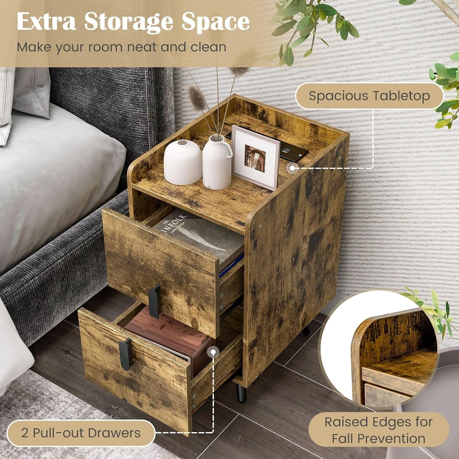 Slim Rustic Bedside Table with Charging Ports, 2-Drawer Narrow Nightstand