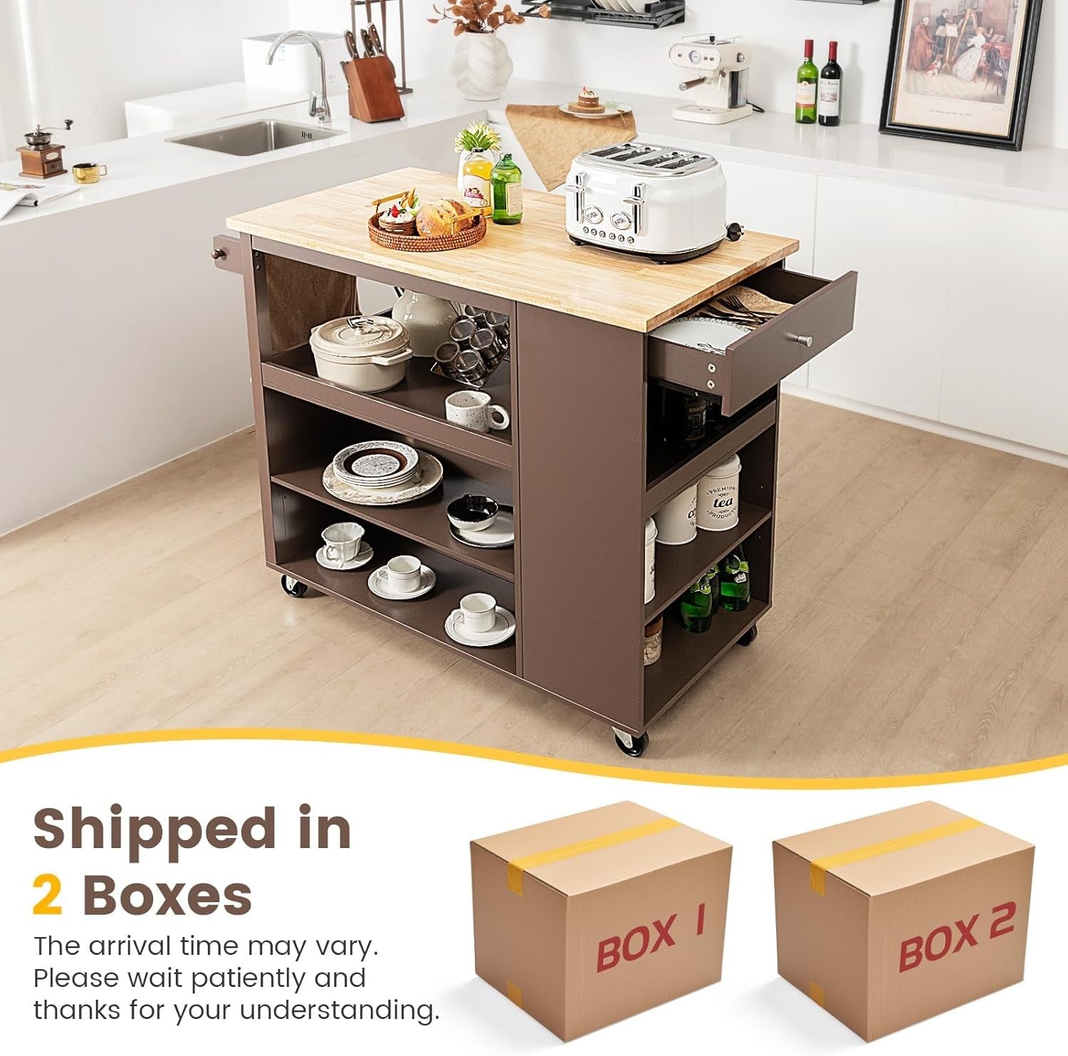 Large Kitchen Island on Wheels Storage Cart Drawer Shelves Wood Top