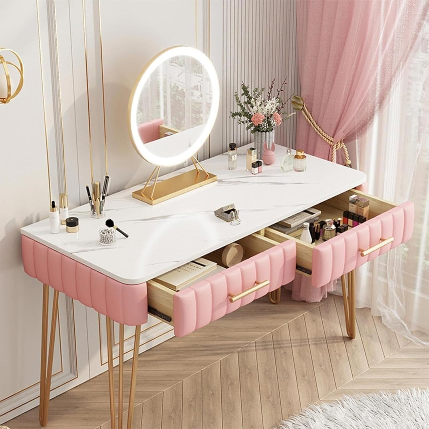 Pink Vanity Table Set with Lighted Mirror & 5 Drawers Storage Makeup Dressing De